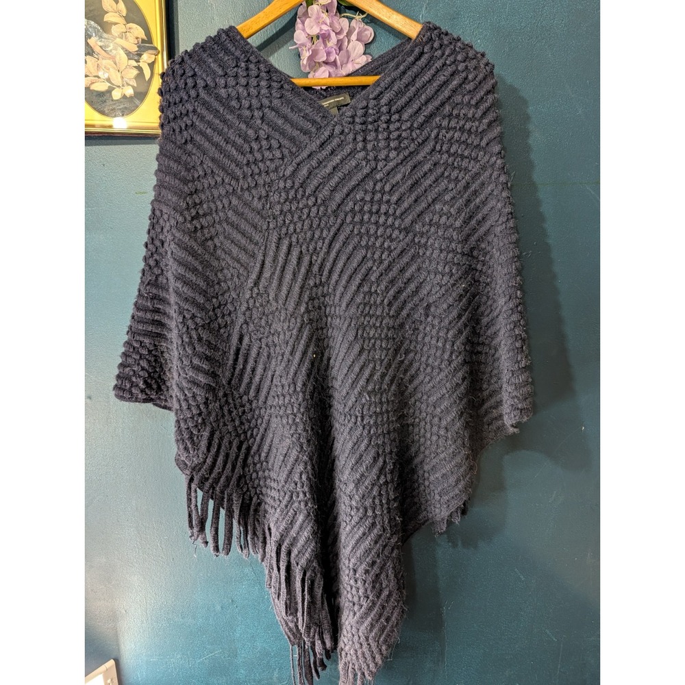 INC International Concepts Navy Blue Textured Knit Fringe Poncho Cape Plus 0X 1X